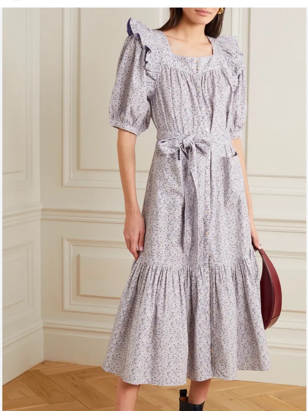 Doen Women's Malta Ruffled Floral-Print Cotton-Corduroy Midi Dress Cream
